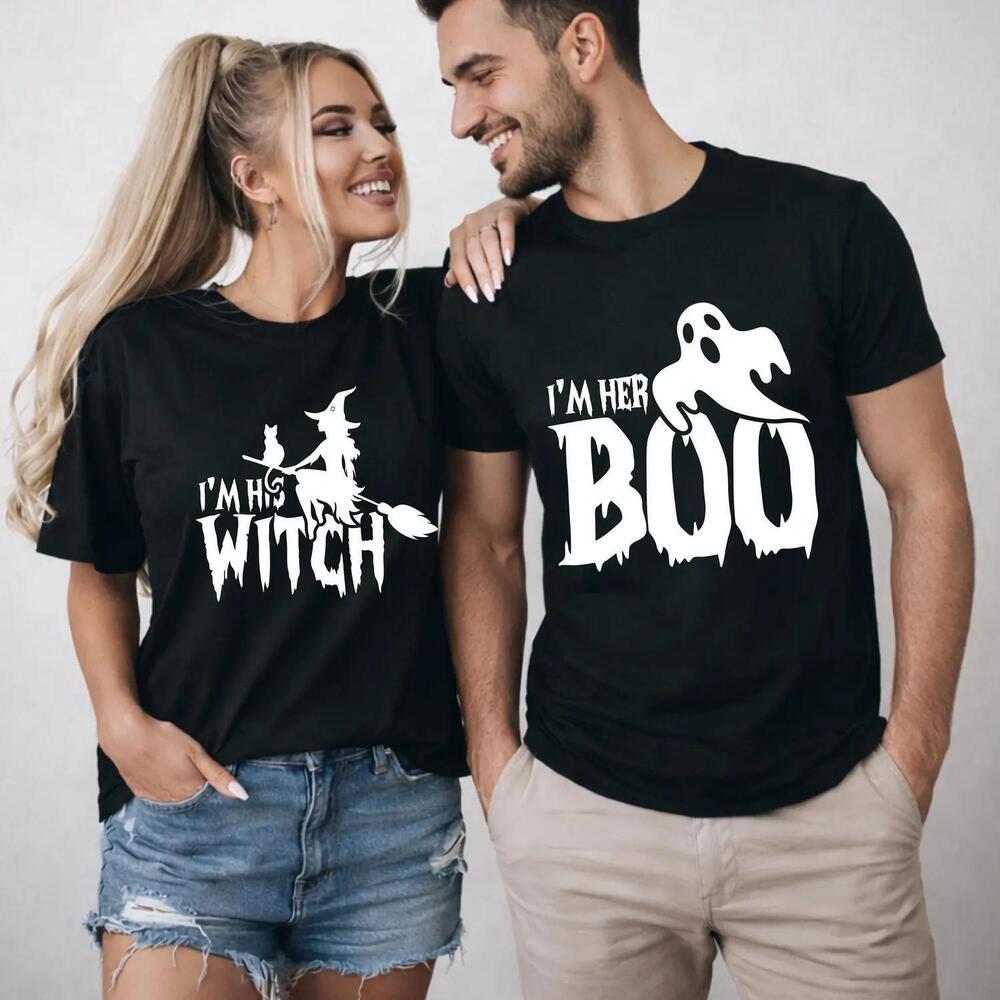 His Witch Her Boo Couples Halloween Shirt, Matching Couple Tee